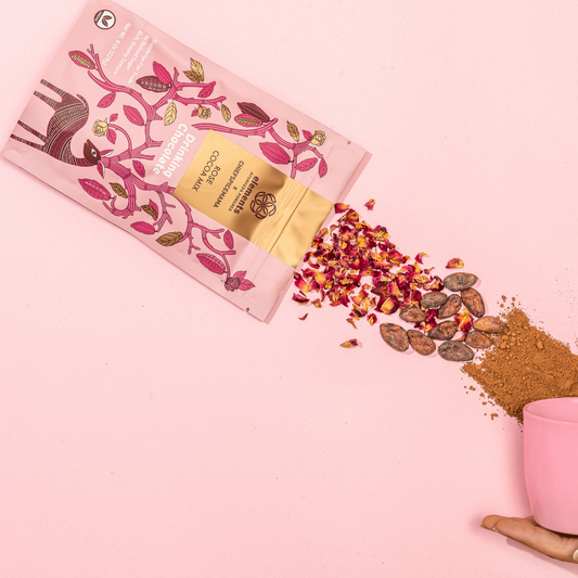 Rose Hot Chocolate Mix with rich cacao, floral notes, and cardamom