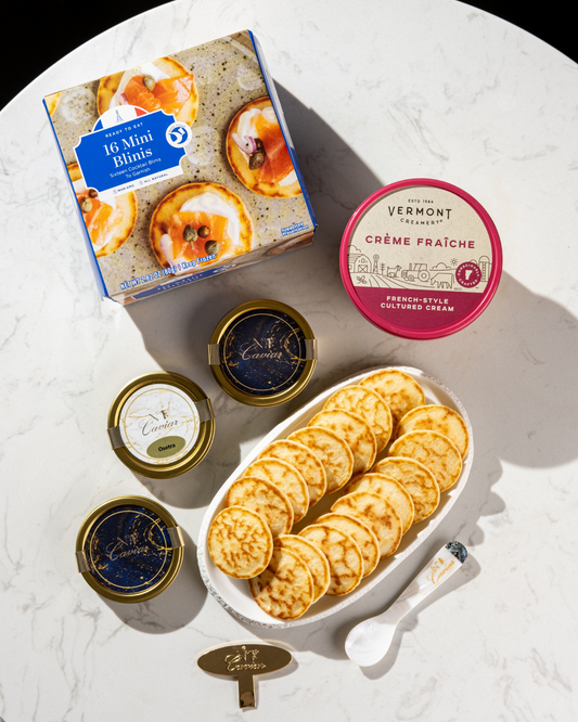 Russian Caviar Trio Set w/ White Sturgeon, Osetra & Kaluga, blinis & spoon