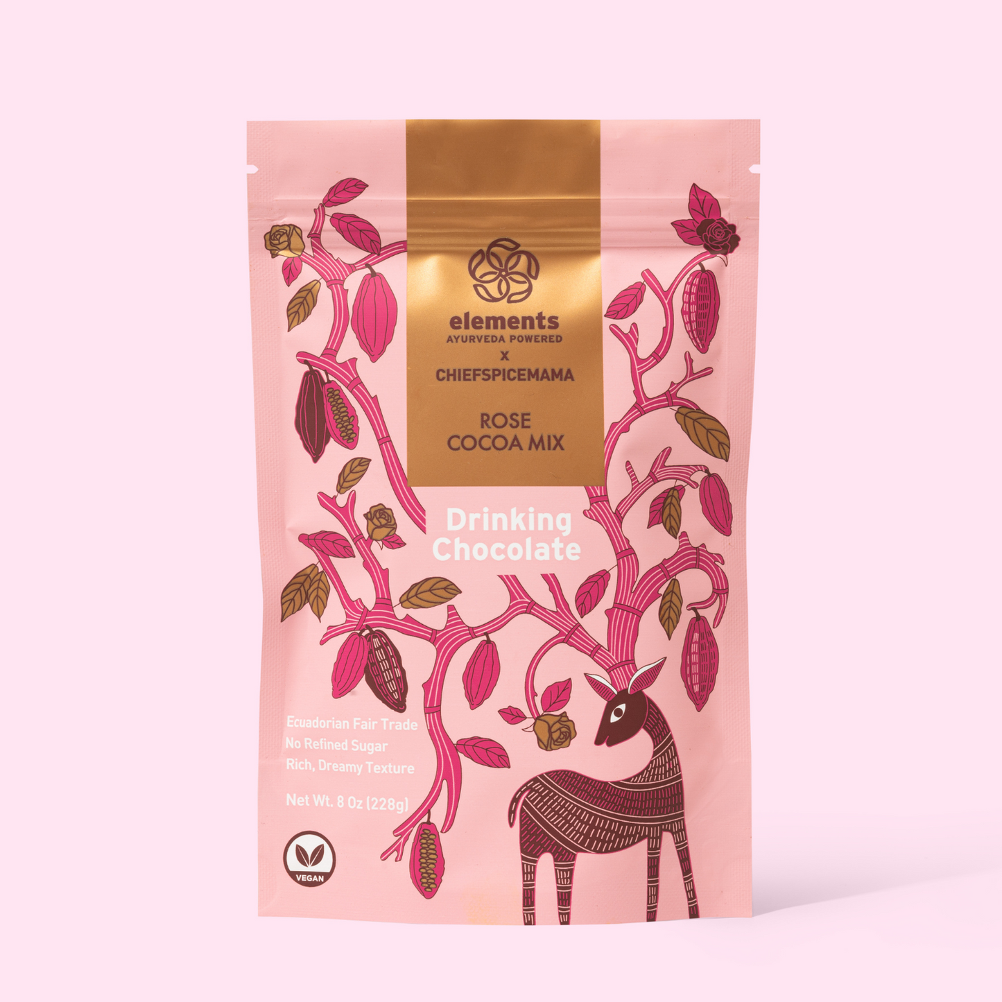 Rose Hot Chocolate Mix with rich cacao, floral notes, and cardamom