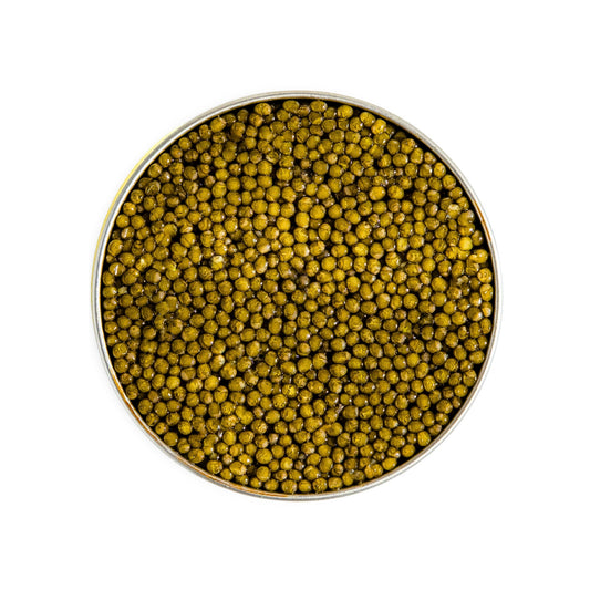 Russian Gold Osetra Caviar w/ golden pearls, creamy buttery taste, luxurious