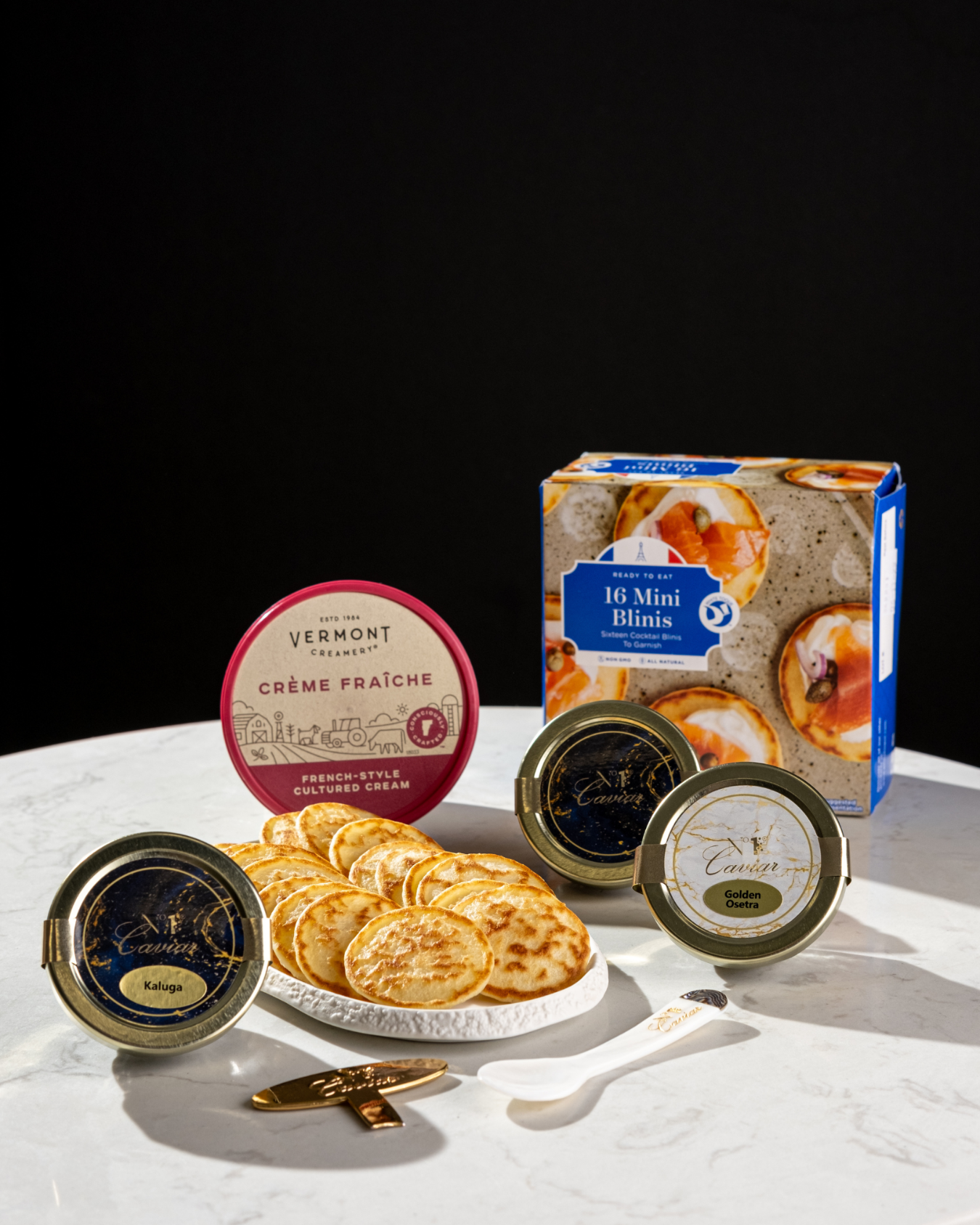 Russian Caviar Trio Set w/ White Sturgeon, Osetra & Kaluga, blinis & spoon