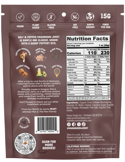 Pan’s Salt & Pepper Mushroom Jerky – Vegan, Gluten-Free, Soy-Free