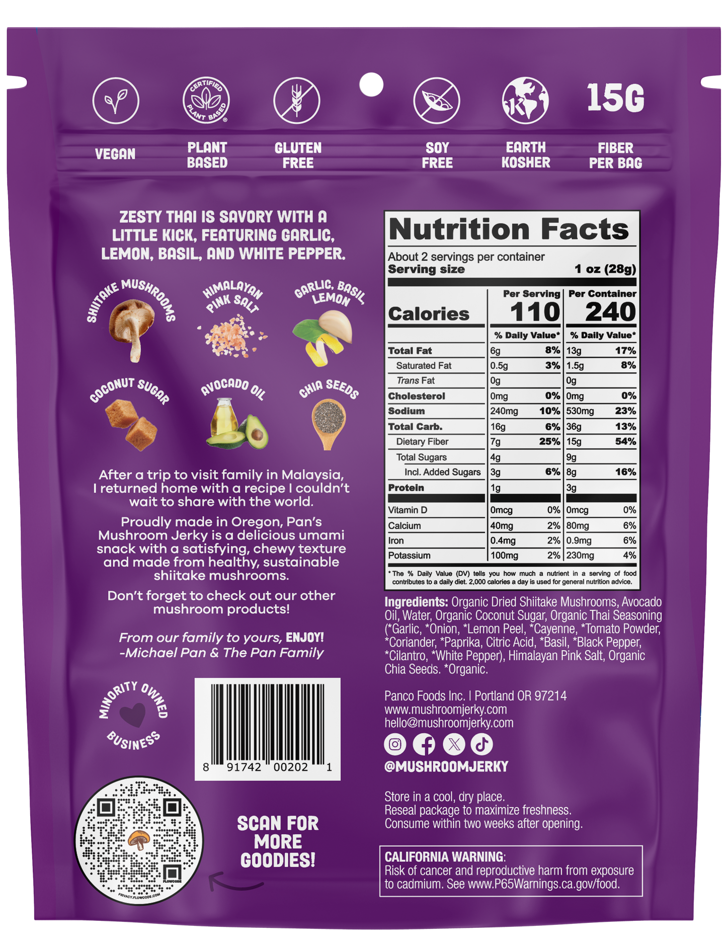 Pan’s Zesty Thai Mushroom Jerky – Vegan, Gluten-Free, Soy-Free