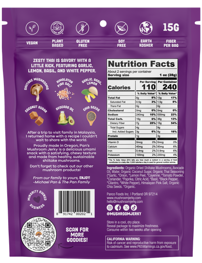 Pan’s Zesty Thai Mushroom Jerky – Vegan, Gluten-Free, Soy-Free