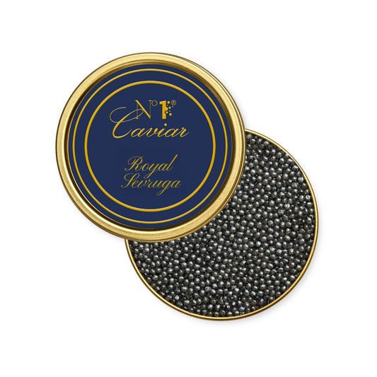 Royal Sevruga Caviar with small pearls, bold briny flavor, and umami notes