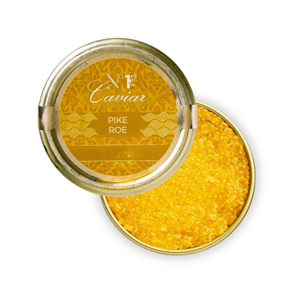 Russian Pike Roe w/ golden pearls, clean briny flavor, and crisp texture