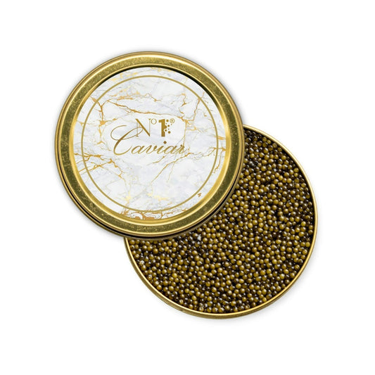 Russian Osetra Reserve Caviar w/ light amber, medium-large pearls and rich taste