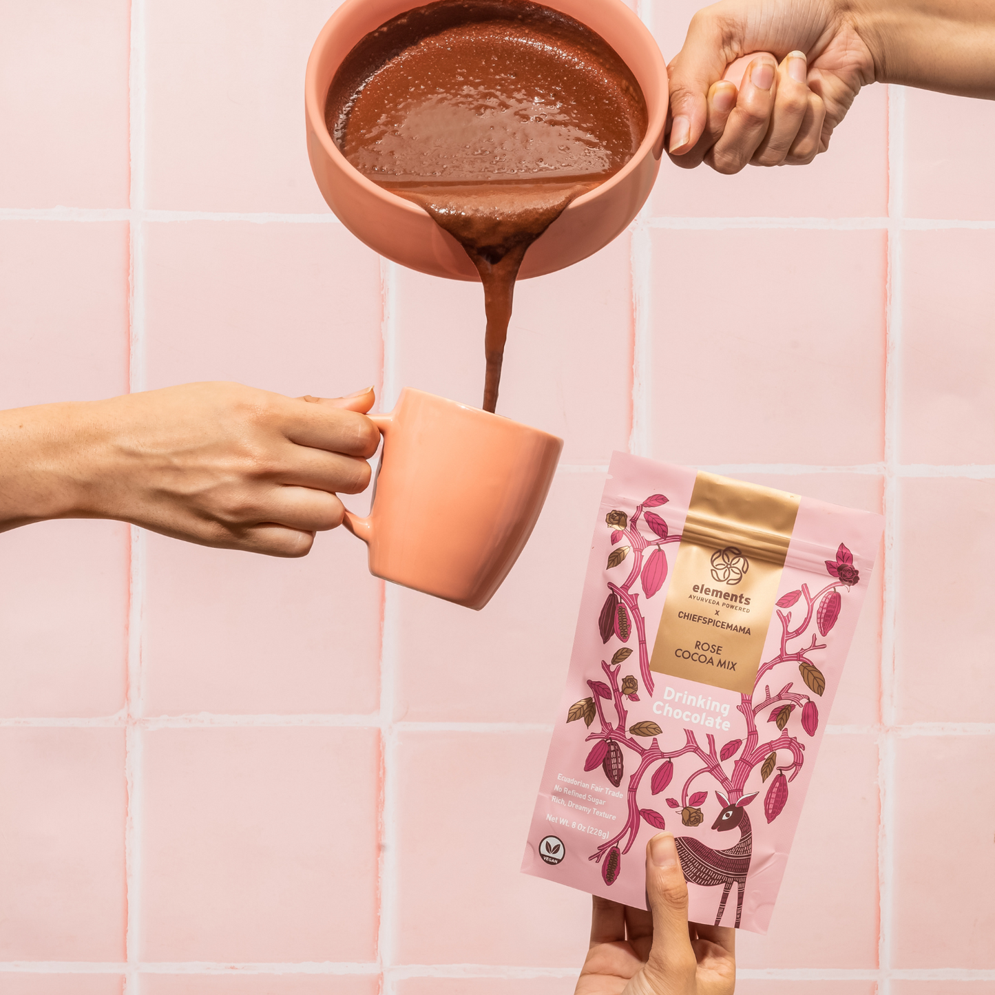 Rose Hot Chocolate Mix with rich cacao, floral notes, and cardamom