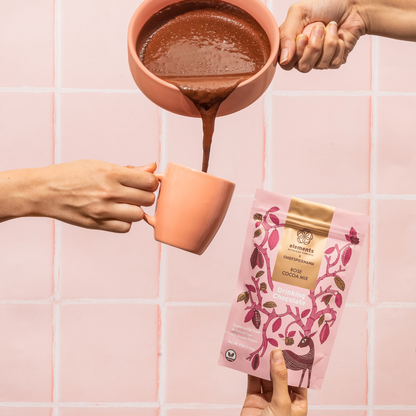 Rose Hot Chocolate Mix with rich cacao, floral notes, and cardamom