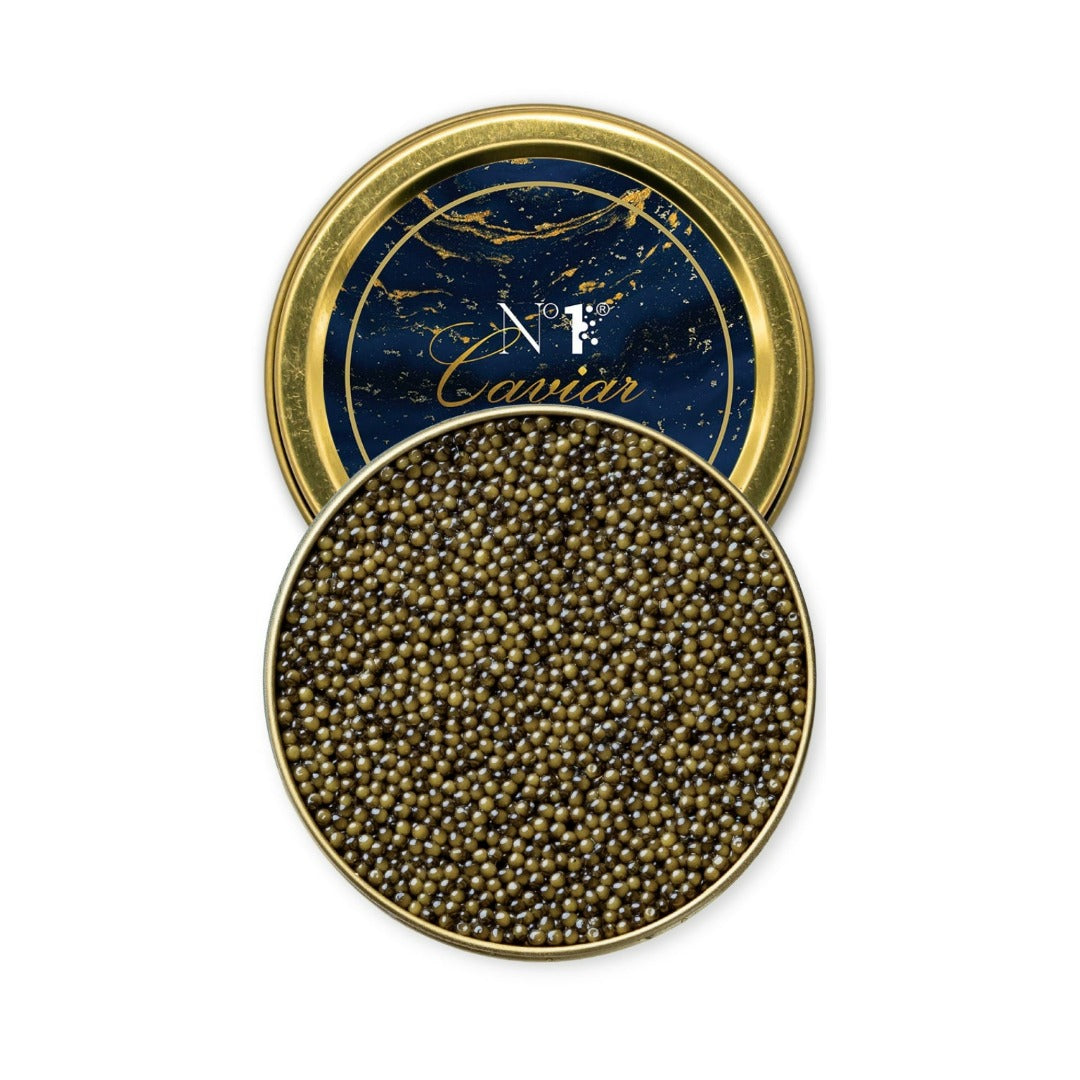 Russian Osetra Classic Caviar with firm, dark pearls and balanced fruity flavor