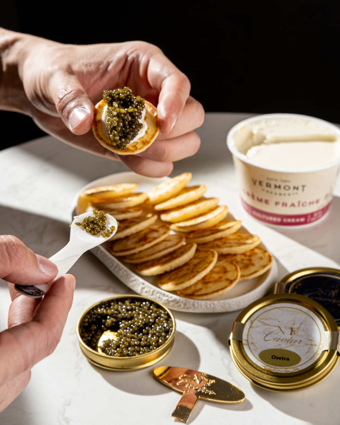 Russian Caviar Trio Set w/ White Sturgeon, Osetra & Kaluga, blinis & spoon