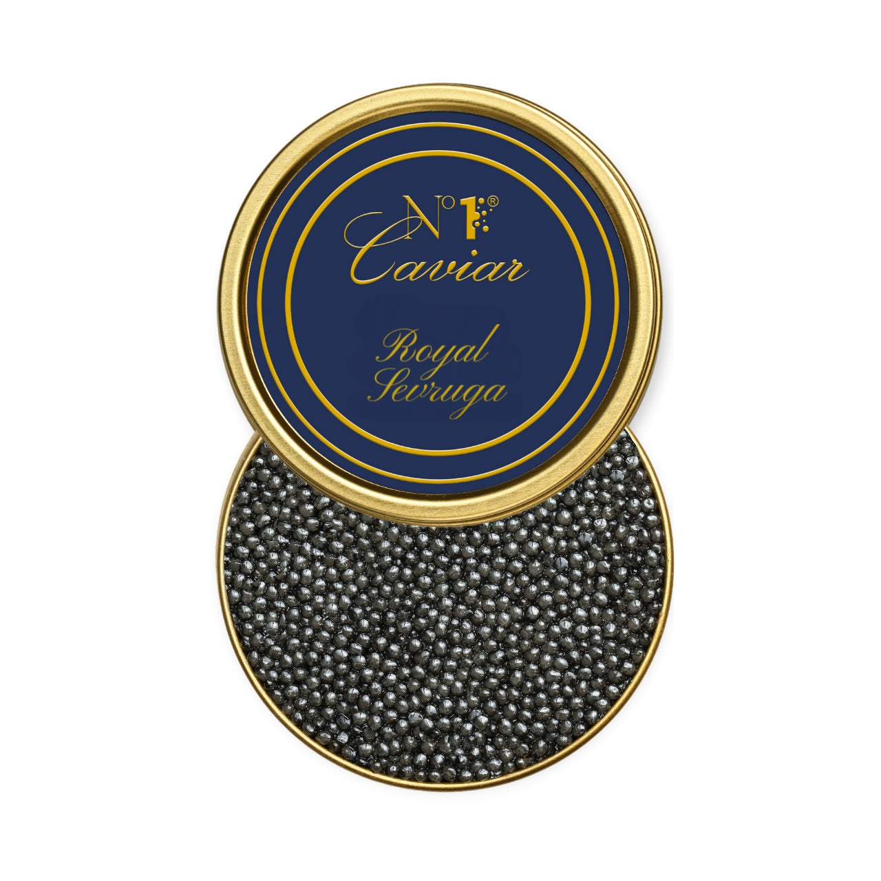 Royal Sevruga Caviar with small pearls, bold briny flavor, and umami notes