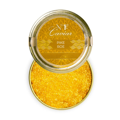 Russian Pike Roe w/ golden pearls, clean briny flavor, and crisp texture
