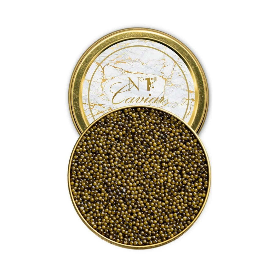 Russian Osetra Reserve Caviar w/ light amber, medium-large pearls and rich taste
