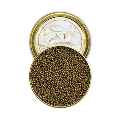 Russian Osetra Reserve Caviar w/ light amber, medium-large pearls and rich taste