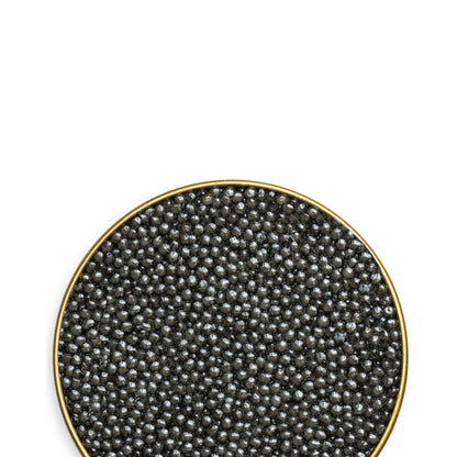Royal Sevruga Caviar with small pearls, bold briny flavor, and umami notes