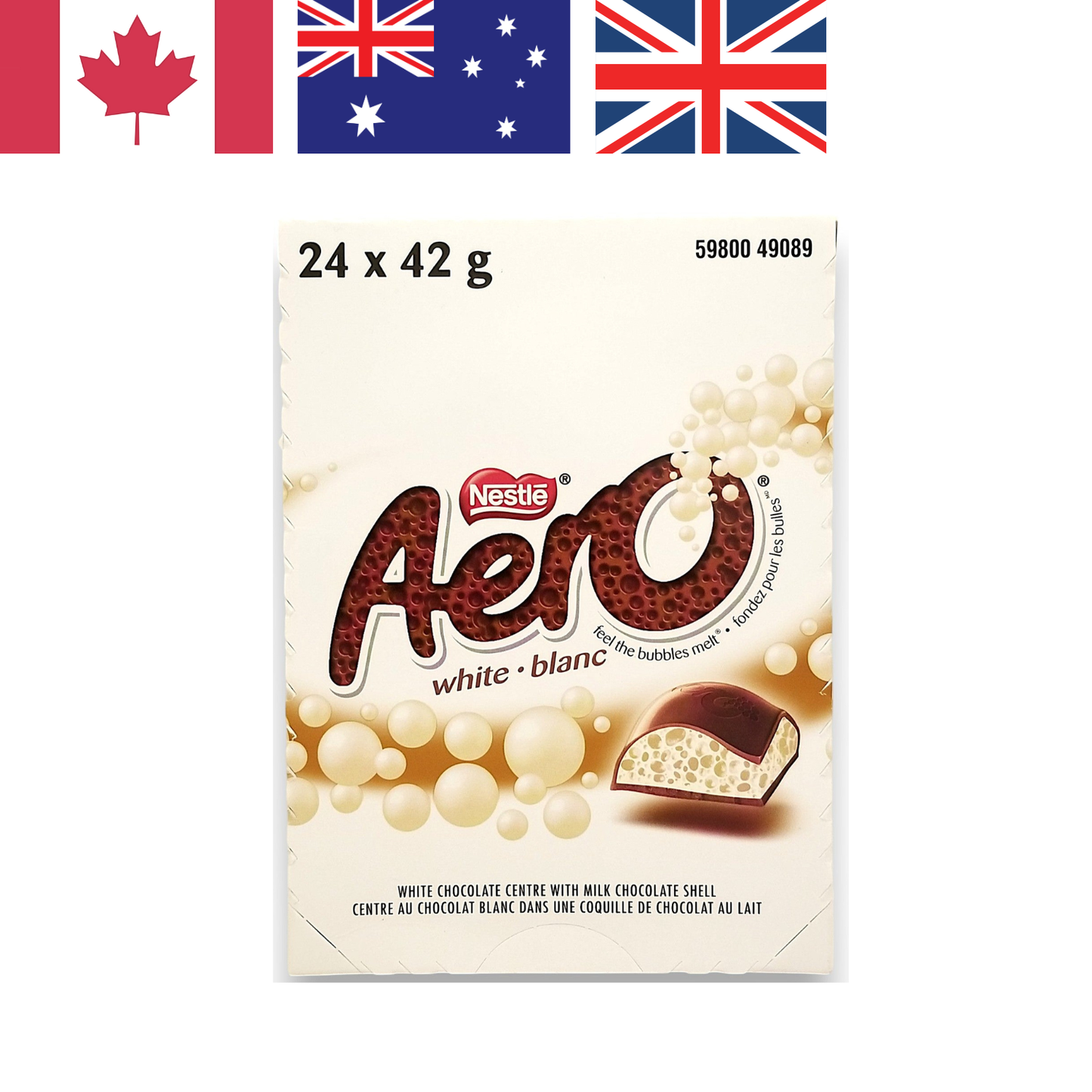Nestle AERO White Chocolate Bars 24-Pack Box (42g) – Canadian, Australian Mix