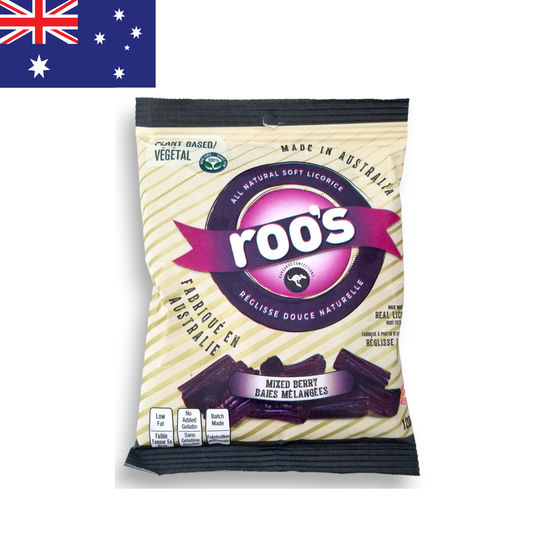 Australian Roo’s Plant-Based Soft Licorice – All Natural Mixed Berry Flavor, 120g Bag
