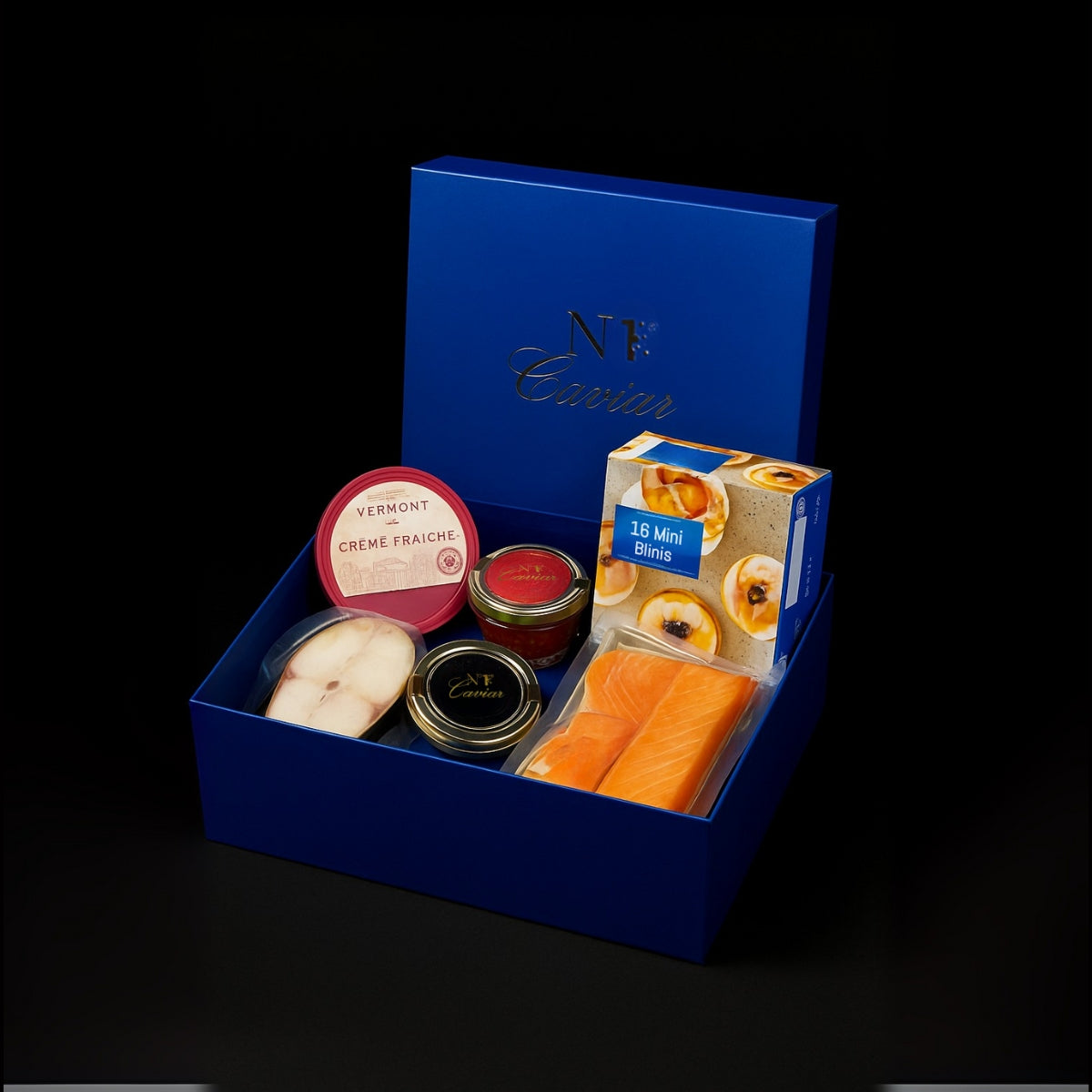 BBQ Box with Kaluga or Osetra Caviar, smoked sturgeon, blinis & spoon