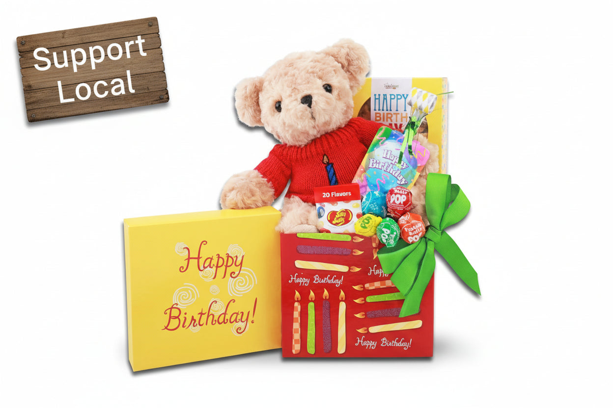 Birthday Gift Basket with Plush Bear, Candy & Cookie