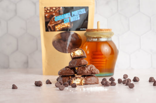Sin Bites with caramel pretzels, rich chocolate, and sea salt crunch