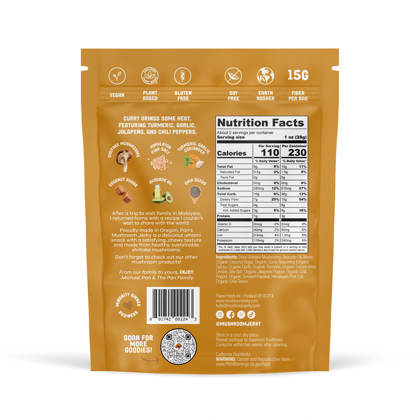 Pan’s Curry Mushroom Jerky – Vegan, Gluten-Free, Soy-Free Snack