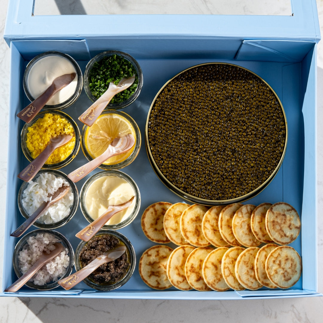 Russian Caviar Sets w/ Kaluga or Osetra, blinis, spoon, and gold tin opener