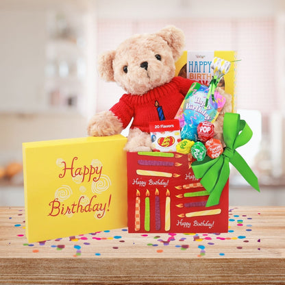 Birthday Gift Basket with Plush Bear, Candy & Cookie