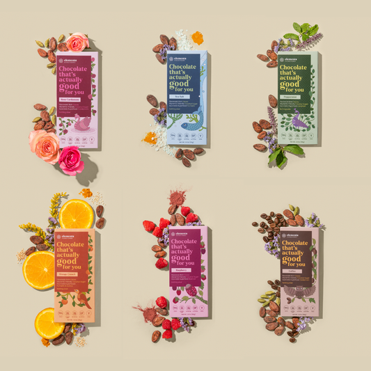 6x 70% Dark Raw Chocolate Collection with superfoods, fair-trade cacao