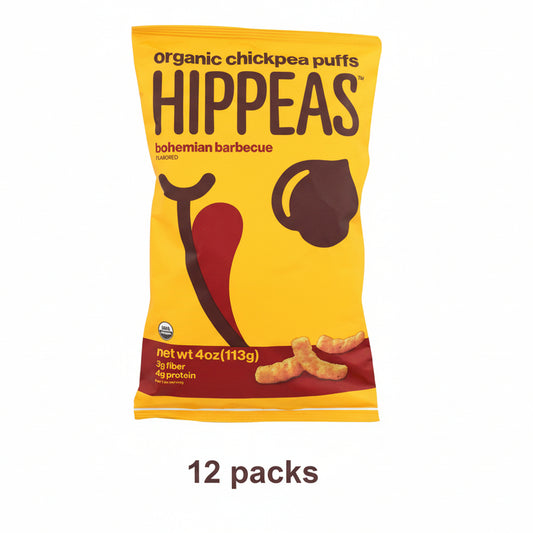 HIPPEAS Organic Chickpea Puffs Bohemian BBQ - 12 Pack (4 oz Each) Vegan Protein Snack