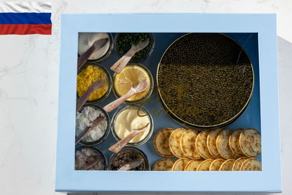 Russian Caviar Sets w/ Kaluga or Osetra, blinis, spoon, and gold tin opener