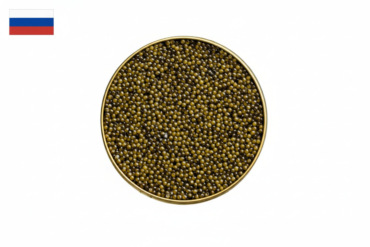Russian Osetra Reserve Caviar w/ light amber, medium-large pearls and rich taste