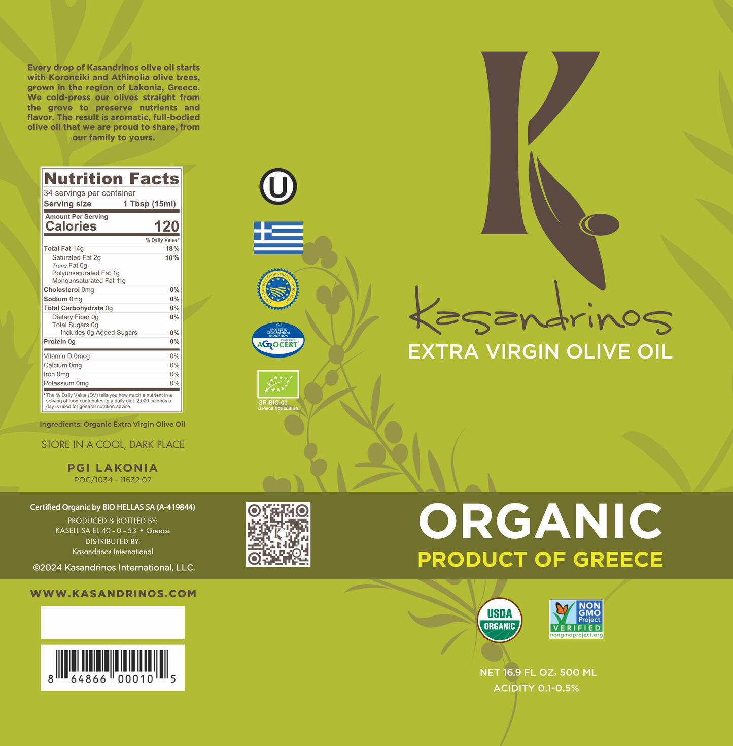 Kasandrinos Organic Extra Virgin Olive Oil – Cold-Pressed Greek Olive Oil