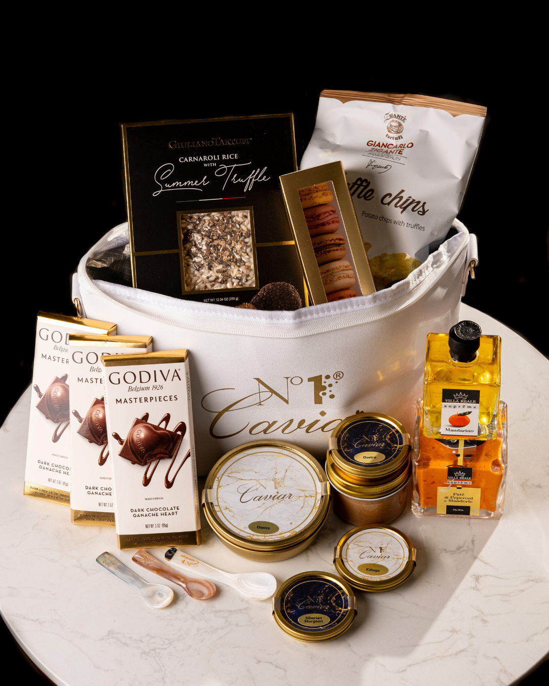 Gourmet Gift Set with macarons, chocolate, truffle honey, jam & chips