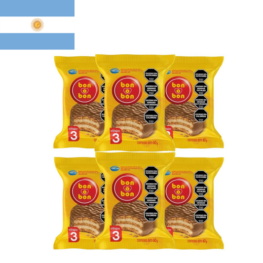 Argentina's Bon o Bon Triple Alfajor – Peanut Butter & Milk Chocolate Delight | 6-Pack, 60g Each