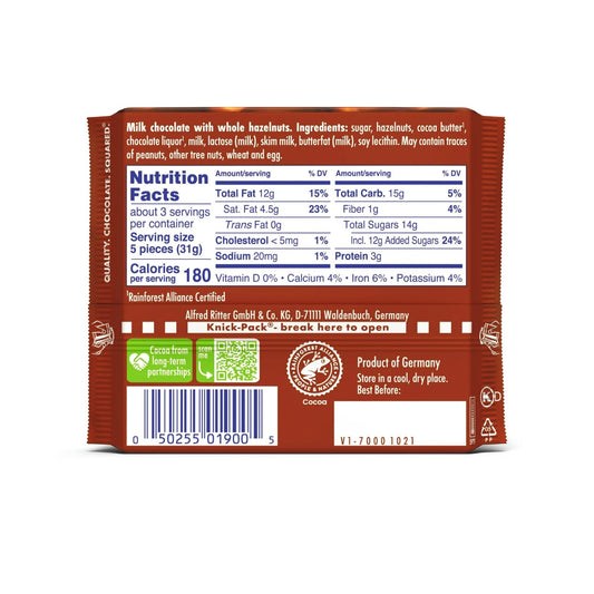 German Ritter Sport Milk Chocolate with Whole Hazelnuts Bar – 3.5oz (100g) - Taste The Planets