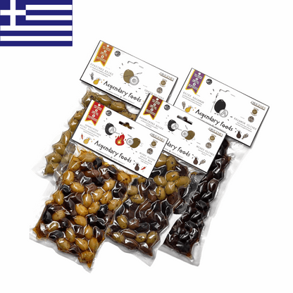 Greek Olive Variety Pack – 4 Flavors, Vacuum Sealed, 4 x 200g | Taste The Planets 