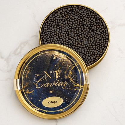 Russian Caviar Sets w/ Kaluga or Osetra, blinis, spoon, and gold tin opener